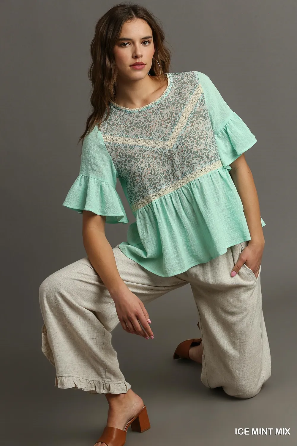 Floral Lace Trimmed Detail Half Sleeve Babydoll Top, image 2