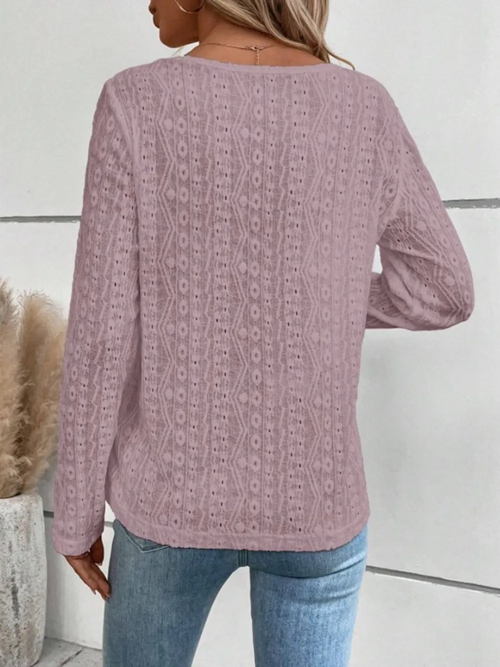 Openwork Half Button Long Sleeve Blouse, image 15