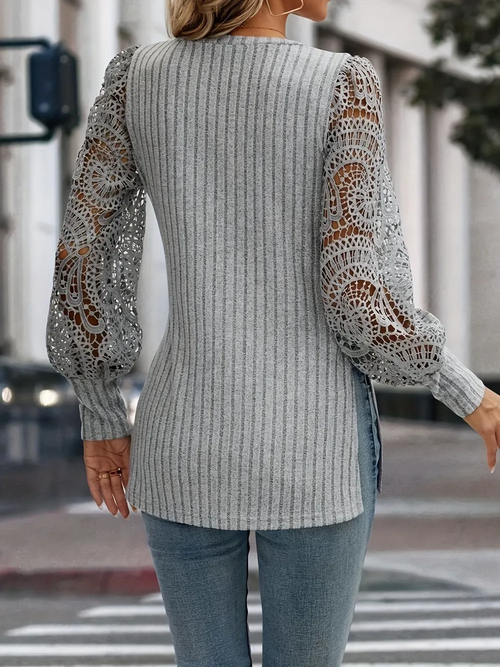 Slit Round Neck Lace Long Sleeve T-Shirt, image 2