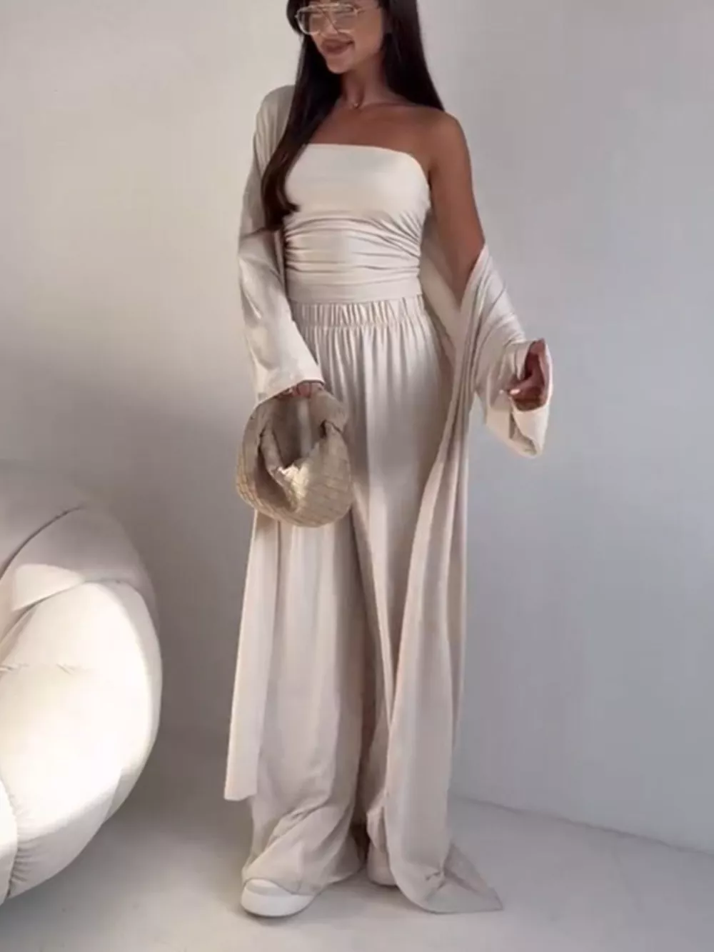 Tube Top & Cardigan & Wide Leg Pants 3-Piece Set, image 12