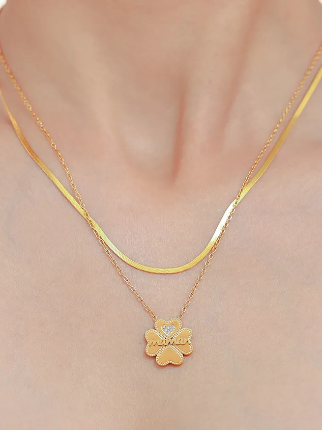 2 Piece 18K Gold-Plated Inlaid Zircon Lucky Clover Necklace, image 4