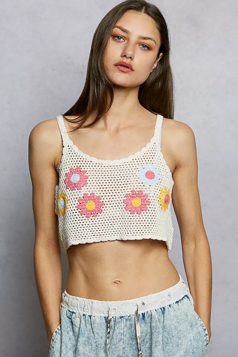 U-Neck Cropped Crochet Cami with Floral Embroidery Detail