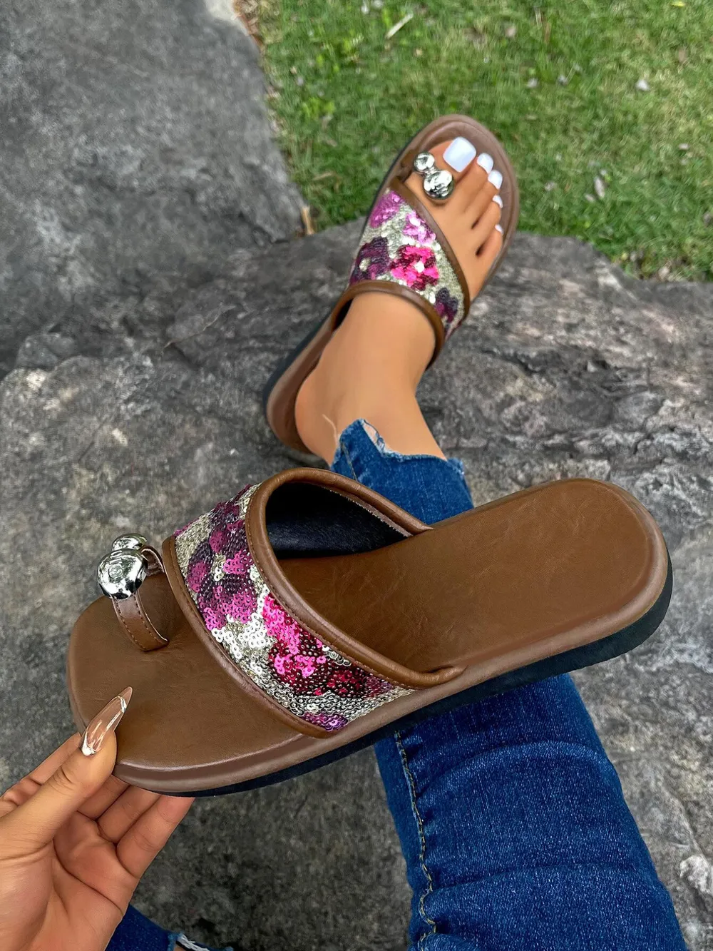 Sequin Toe Loop Flats Sandals, image 13