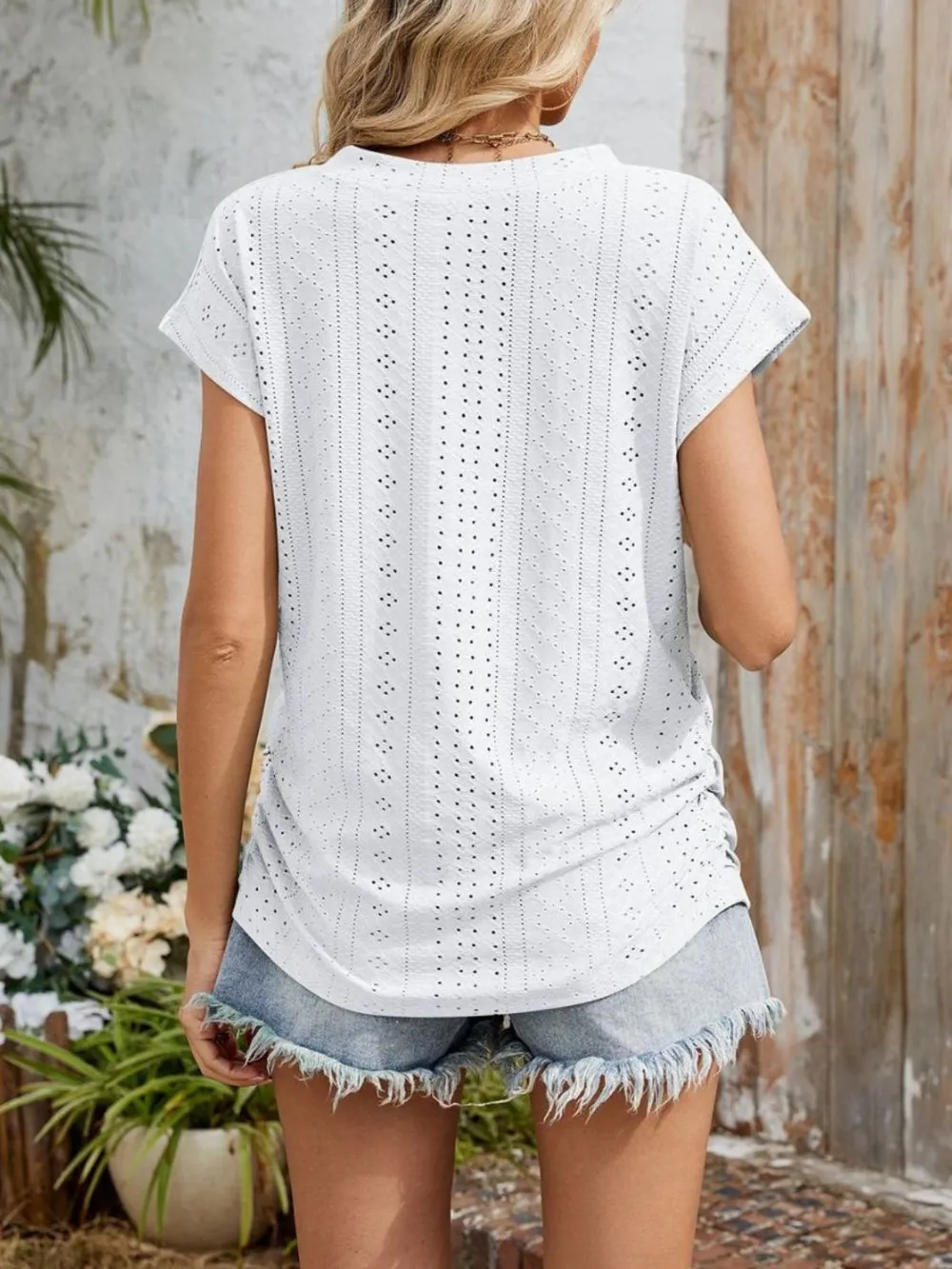 Eyelet V-Neck Short Sleeve Top, image 8