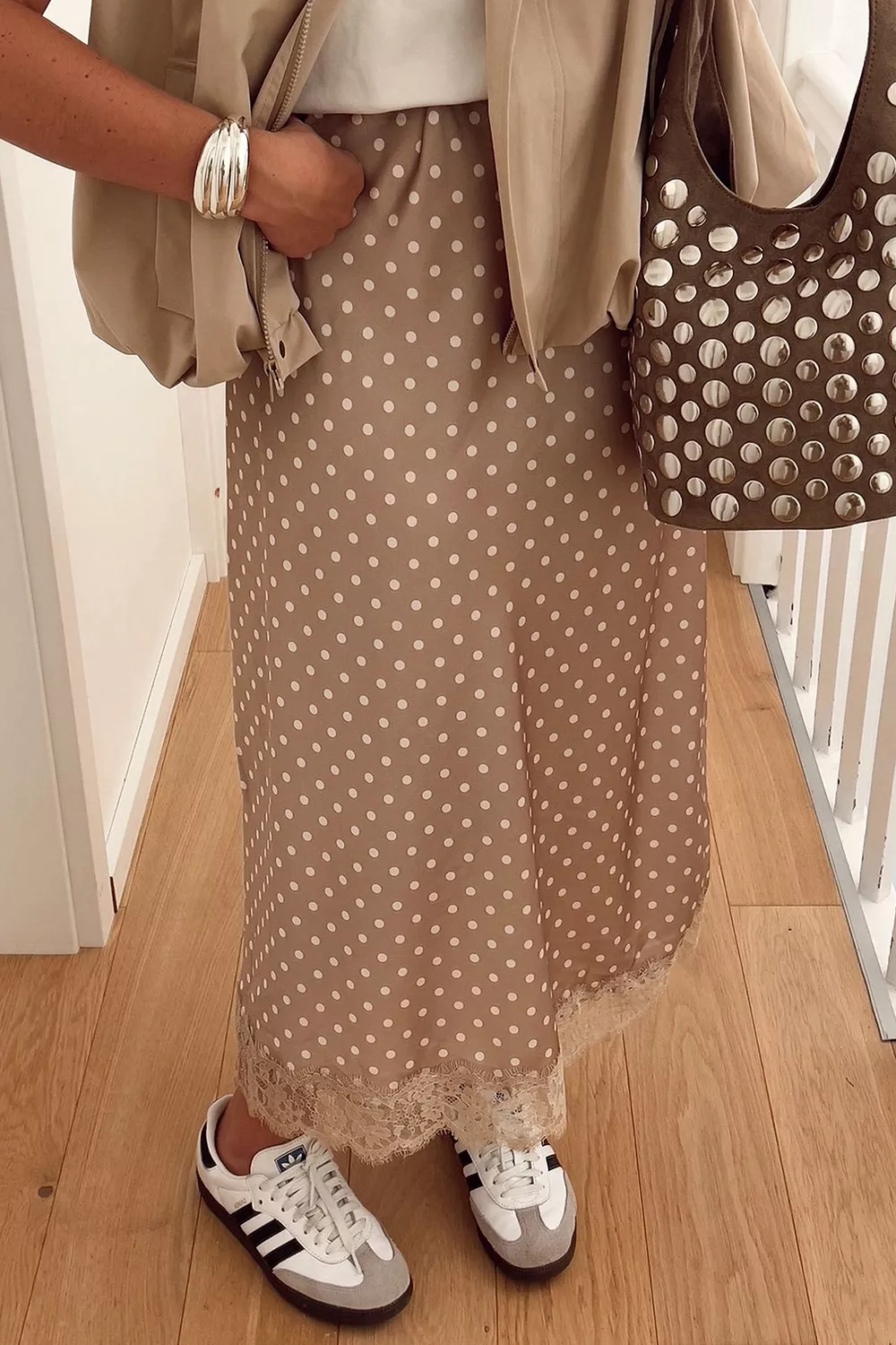 Polka Dot Lace Trim Midi Skirt