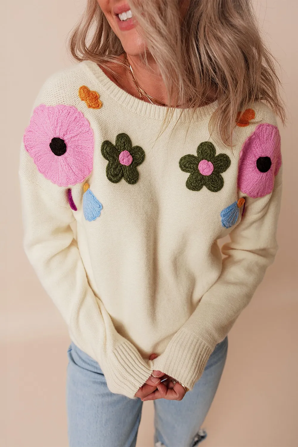 Crochet Flower Round Neck Dropped Shoulder Sweater, image 4