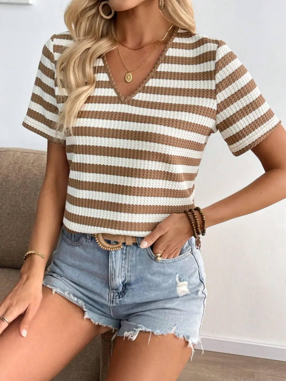Striped V-Neck Short Sleeve T-Shirt, image 2