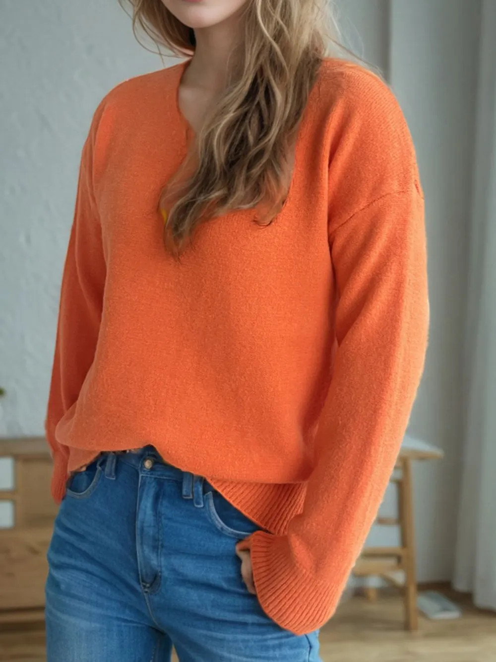 V-Neck Dropped Shoulder Long Sleeve Sweater, image 18