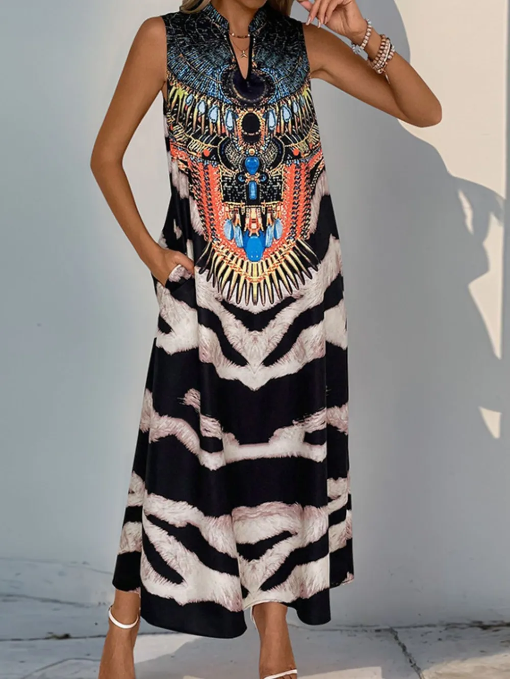 Printed Notched Sleeveless Dress, image 2
