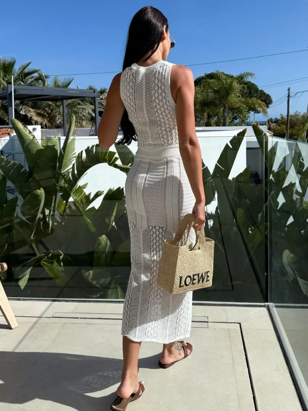 Openwork Round Neck Top and Slit Skirt Sweater Set, image 3