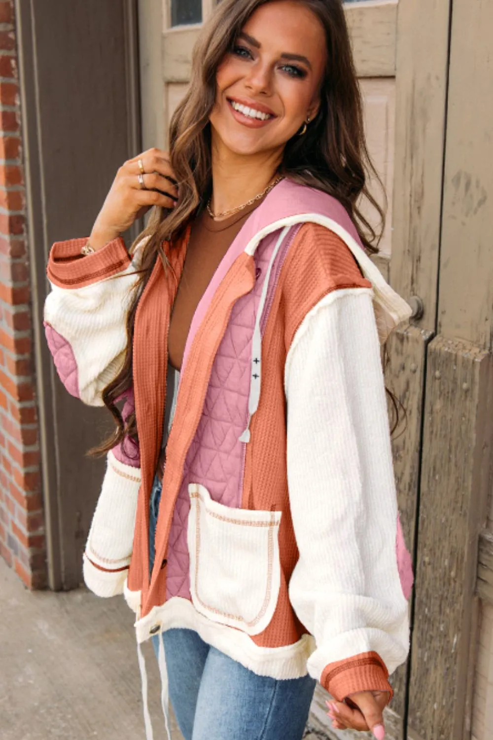 Drawstring Texture Button Up Long Sleeve Hooded Jacket, image 2