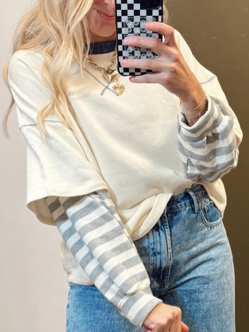 Striped Patchwork Long Sleeve Round Neck Two-in-one Top, image 3