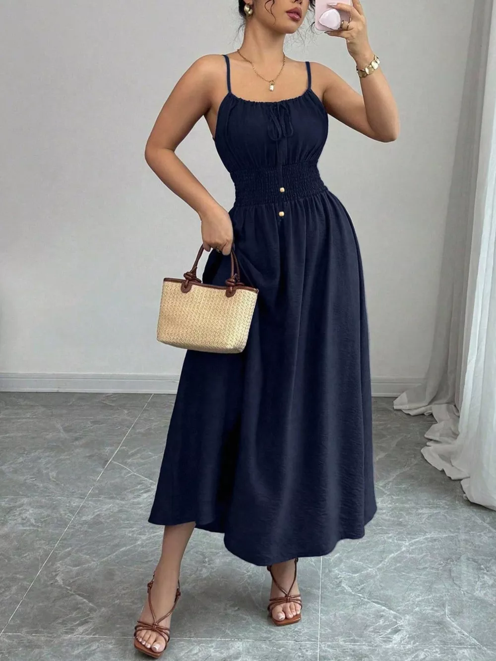 Smocked Spaghetti Strap Midi Dress, image 14
