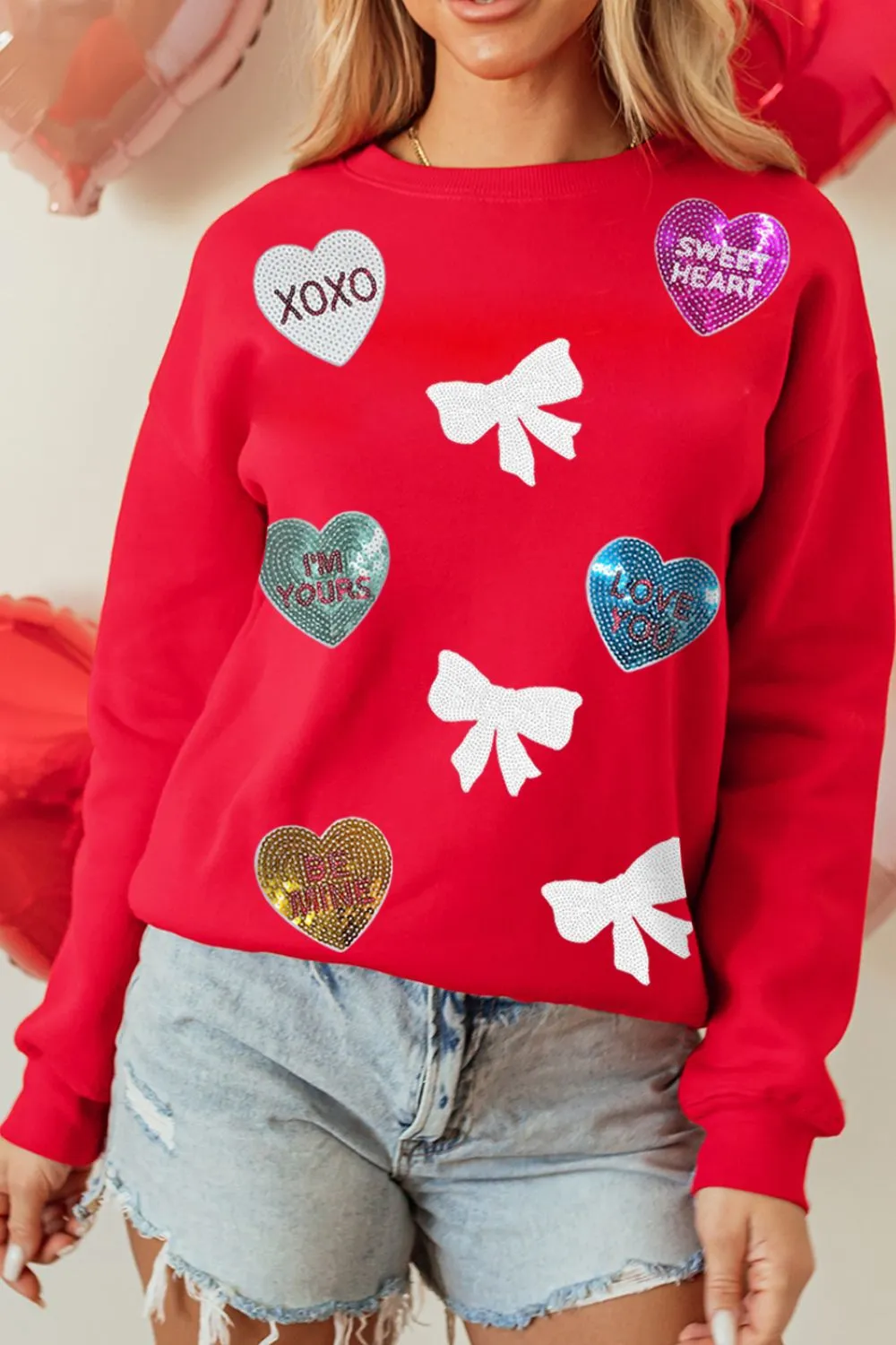 Valentine’s Day Sequin Bow Heart Round Neck Sweatshirt, image 2