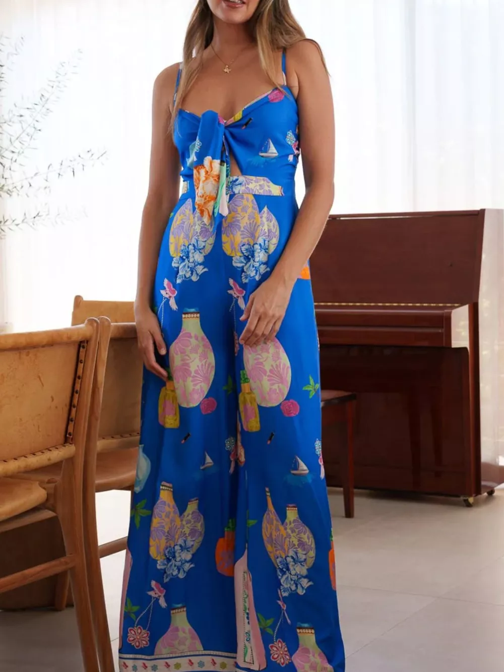 Printed Tie-Front Wide Leg Jumpsuit, image 16