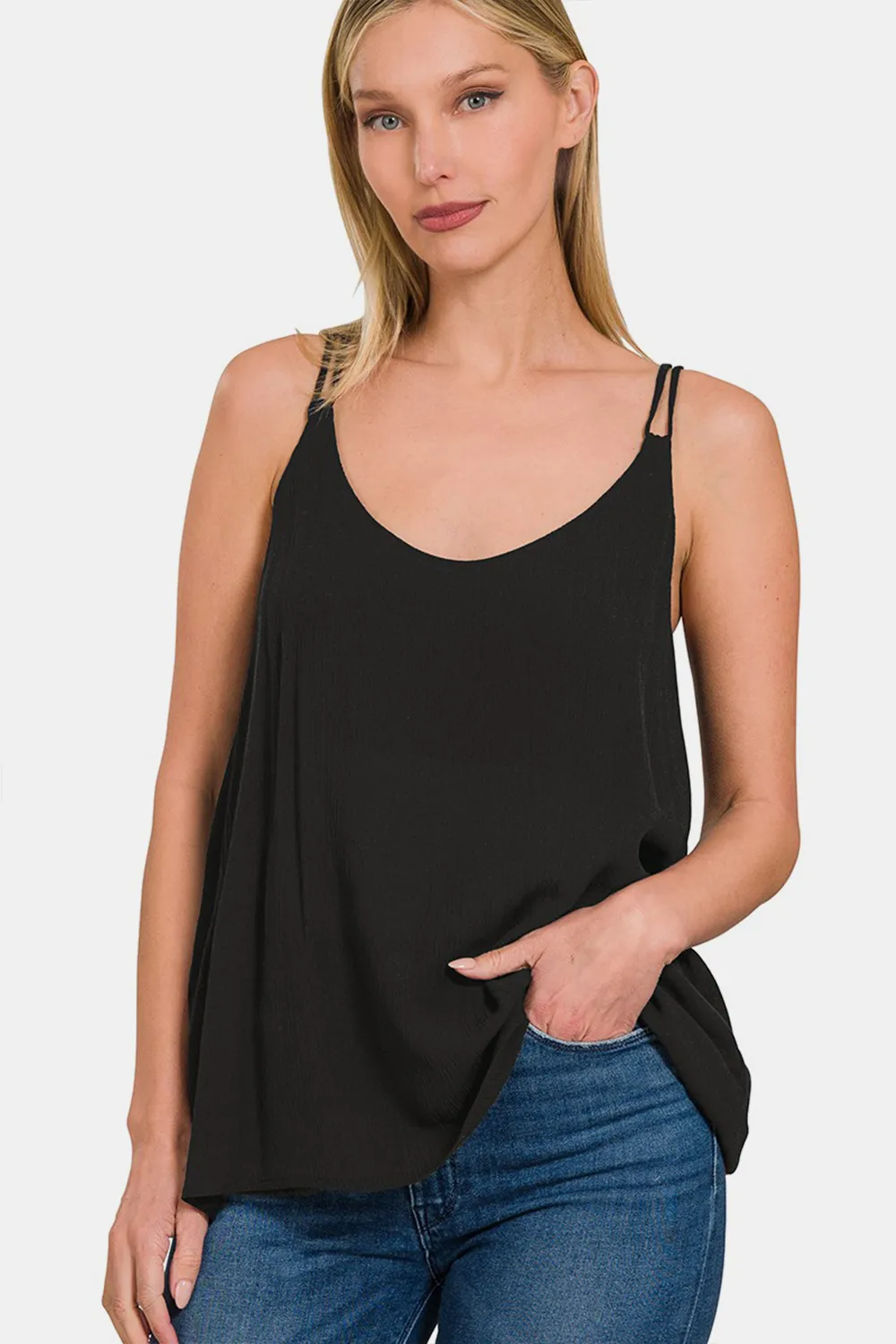 Woven Double Spaghetti Strap V-Neck Cami, image 4