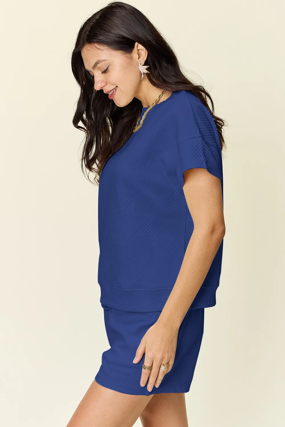 Full Size Texture Short Sleeve T-Shirt and Drawstring Shorts Set, image 4