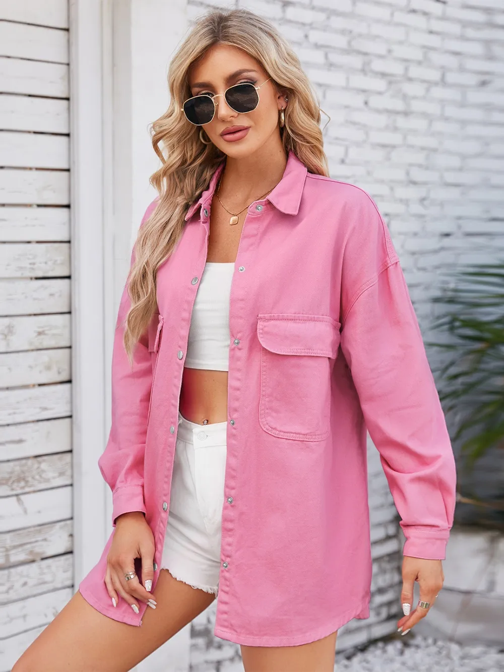 Pocketed Snap Down Dropped Shoulder Denim Shacket, image 2
