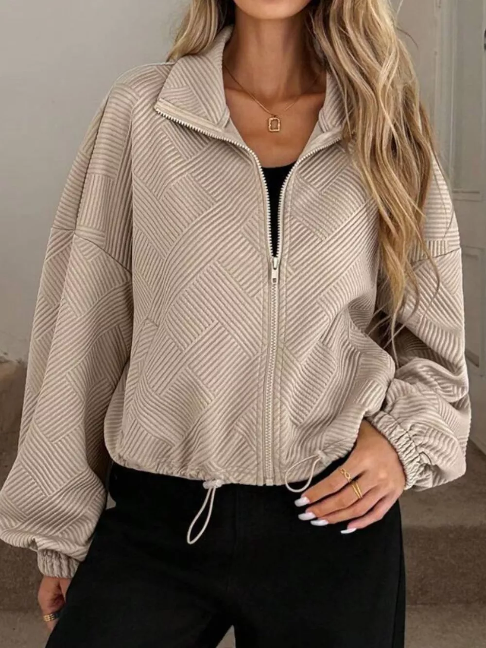 Textured Zip-Up Drawstring Hem Jacket, image 2