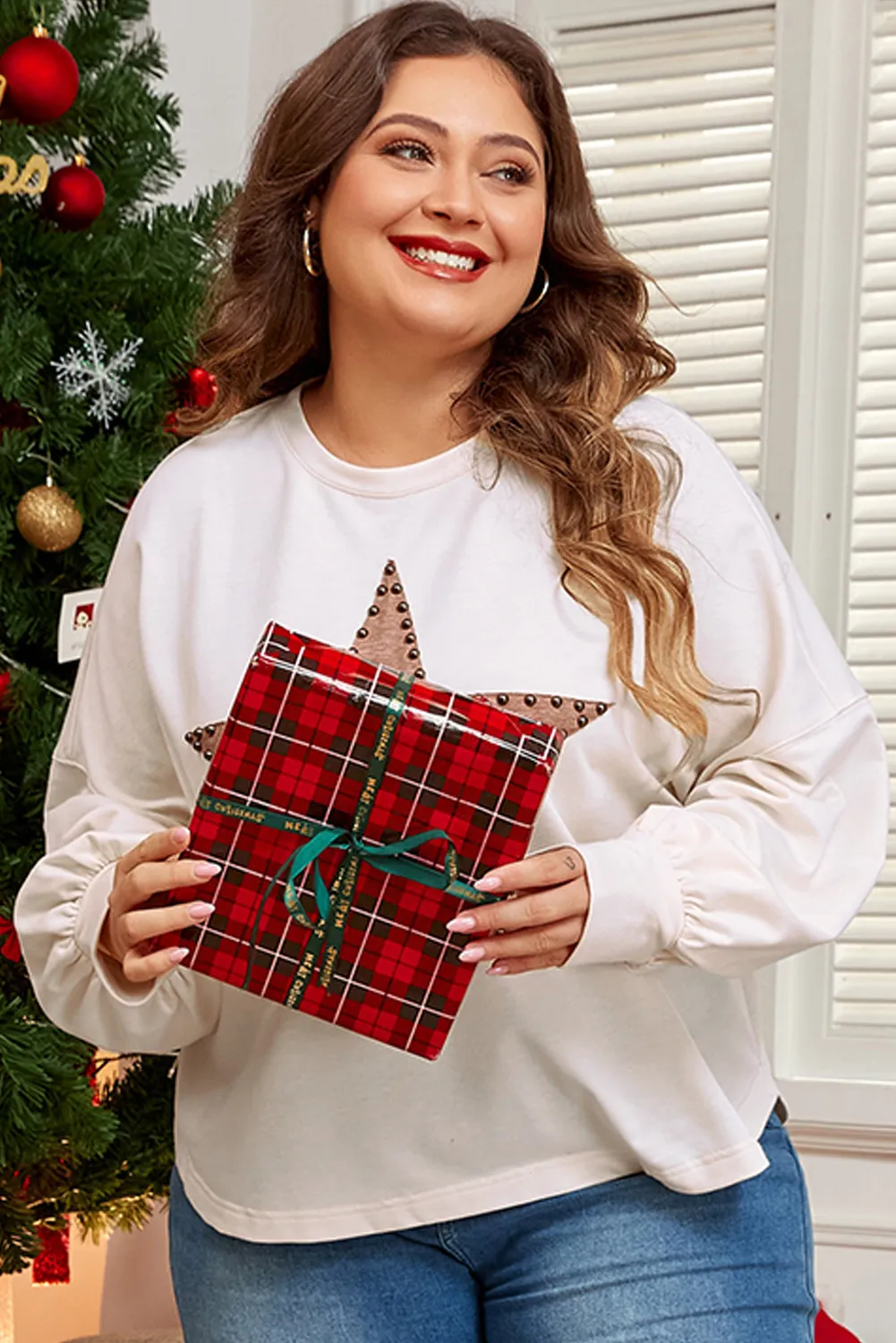 Plus Size Studded Star Round Neck Long Sleeve Blouse, image 4