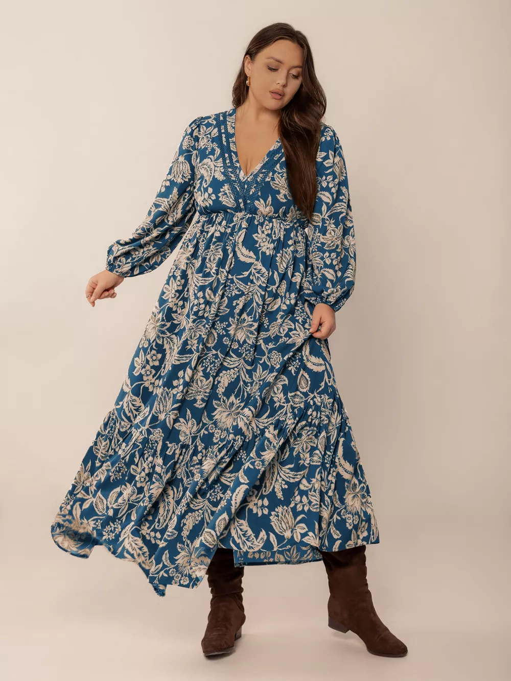 Plus Size Boho Floral Print Long Sleeve Maxi Dress, image 3