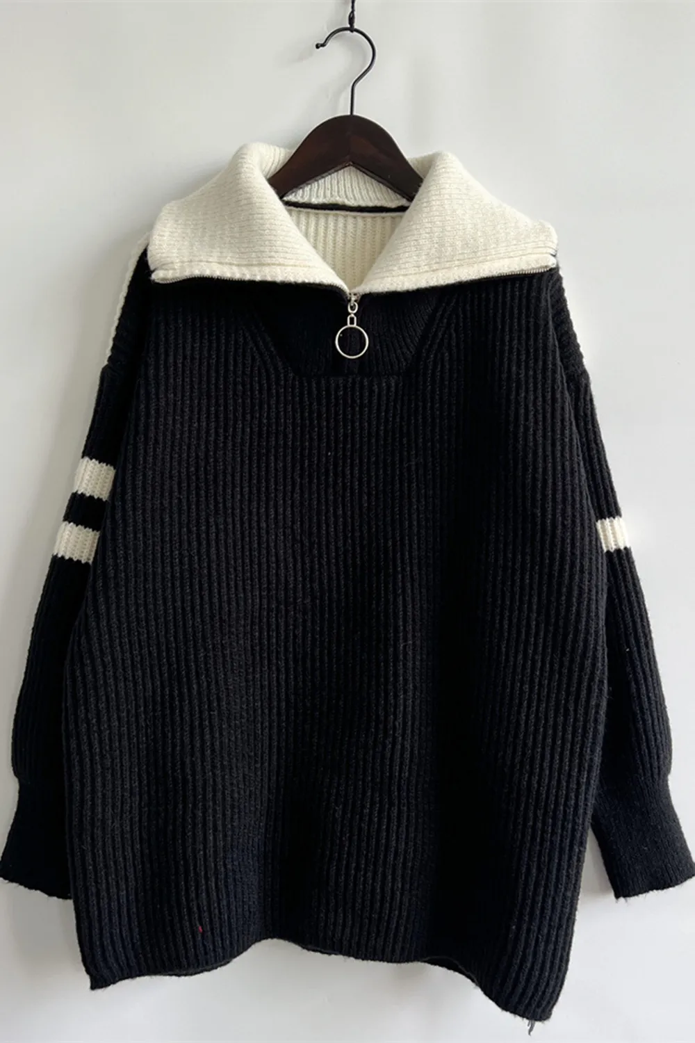 Quarter Zip Striped Dropped Shoulder Sweater, image 7