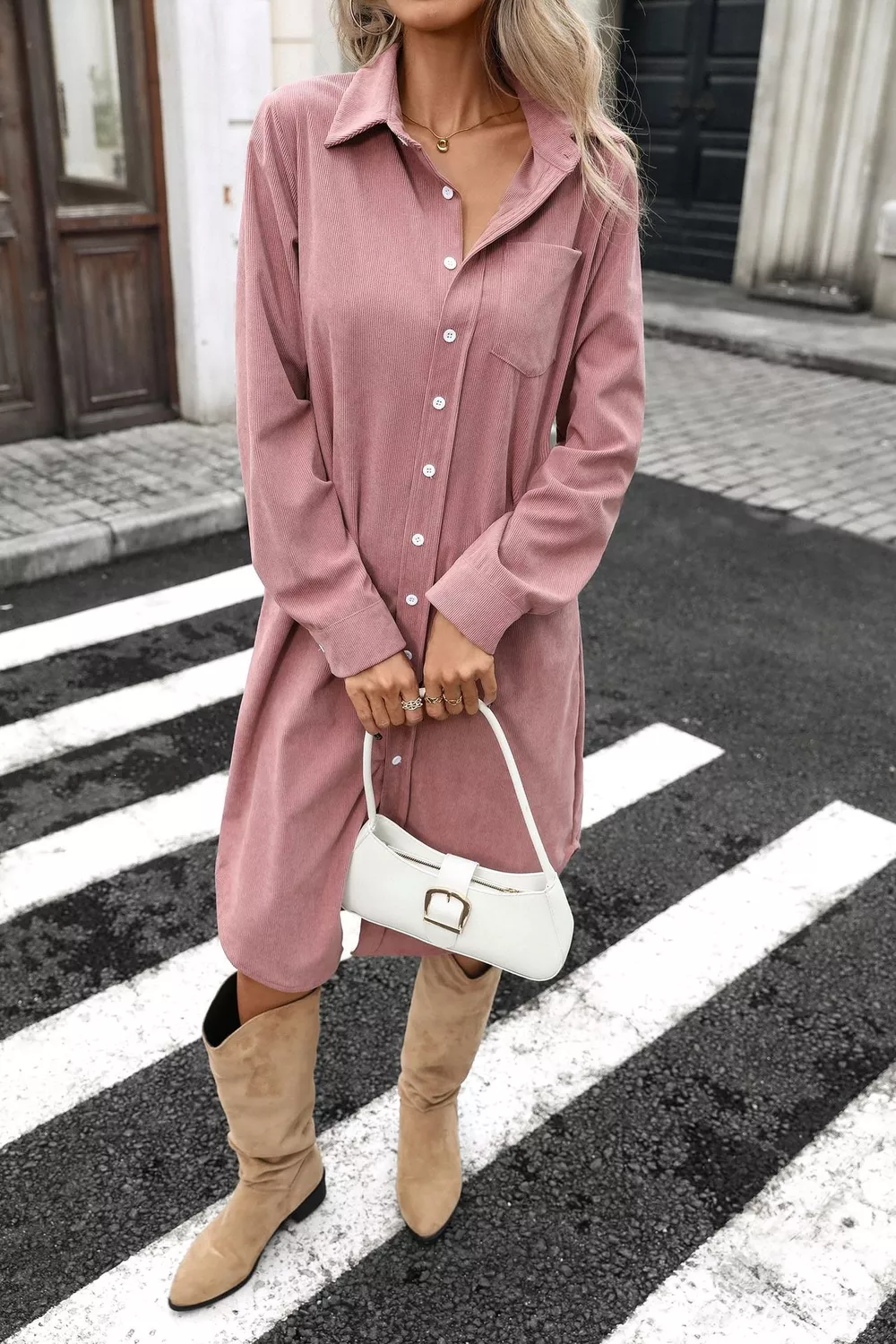 Corduroy Shirt Dress with Button-Down Front, image 10