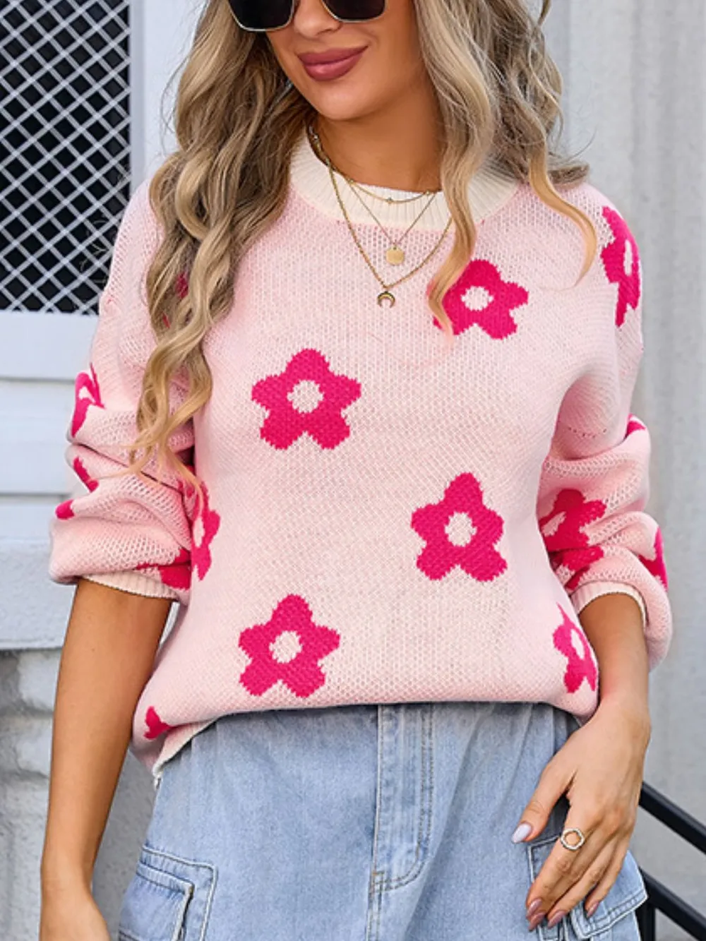Flower Round Neck Dropped Shoulder Sweater, image 2