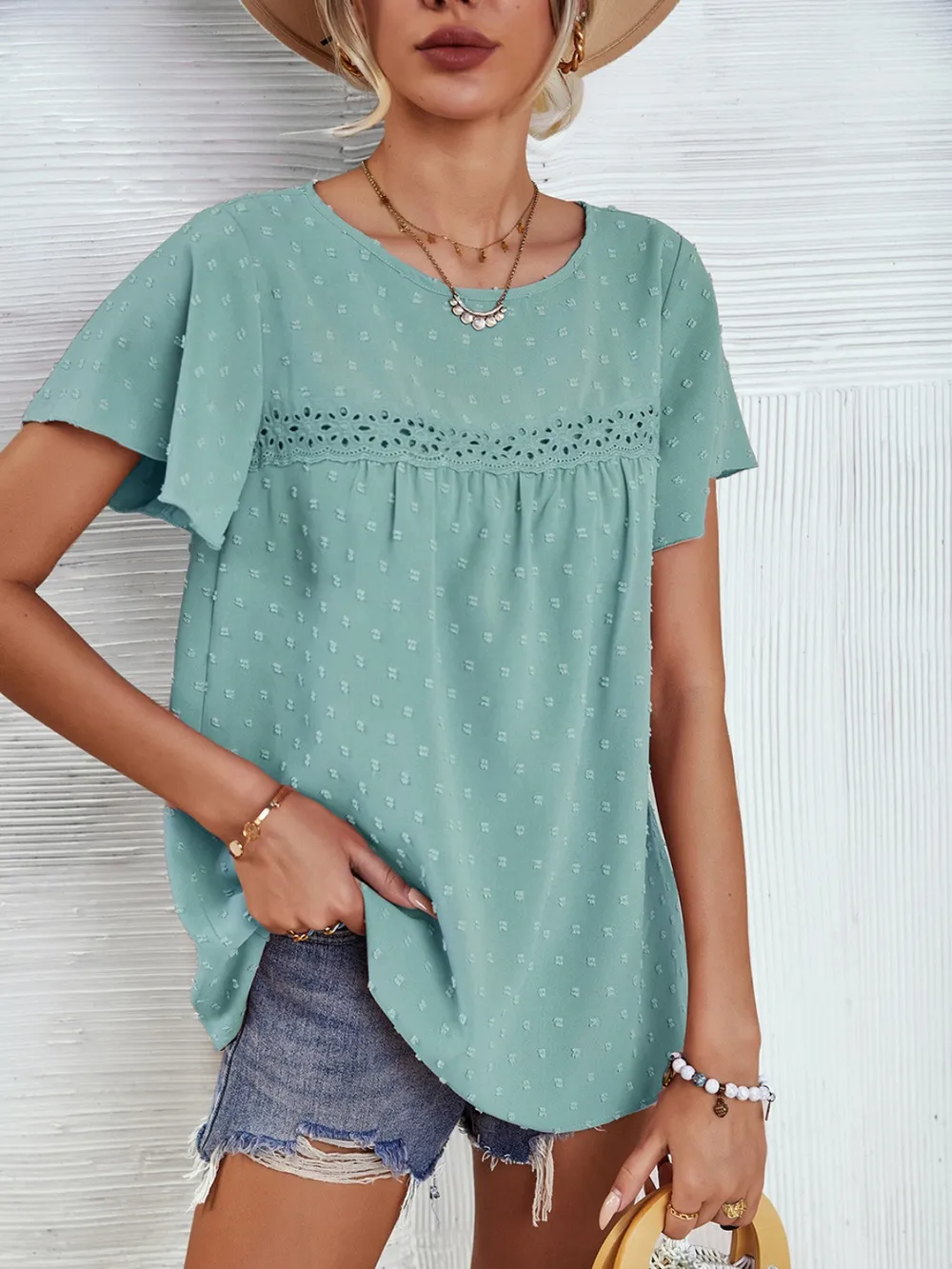Lace Detail Round Neck Short Sleeve Blouse, image 4