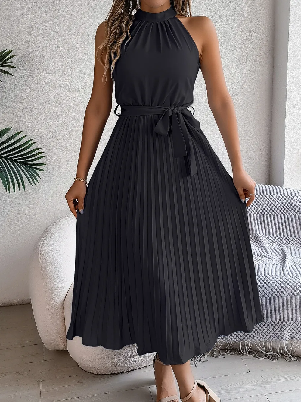 Pleated Tie Waist Sleeveless Midi Dress, image 3