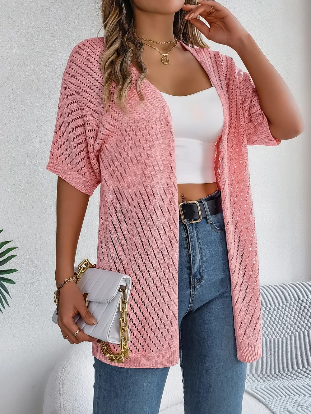 Openwork Open Front Half Sleeve Cardigan, image 11