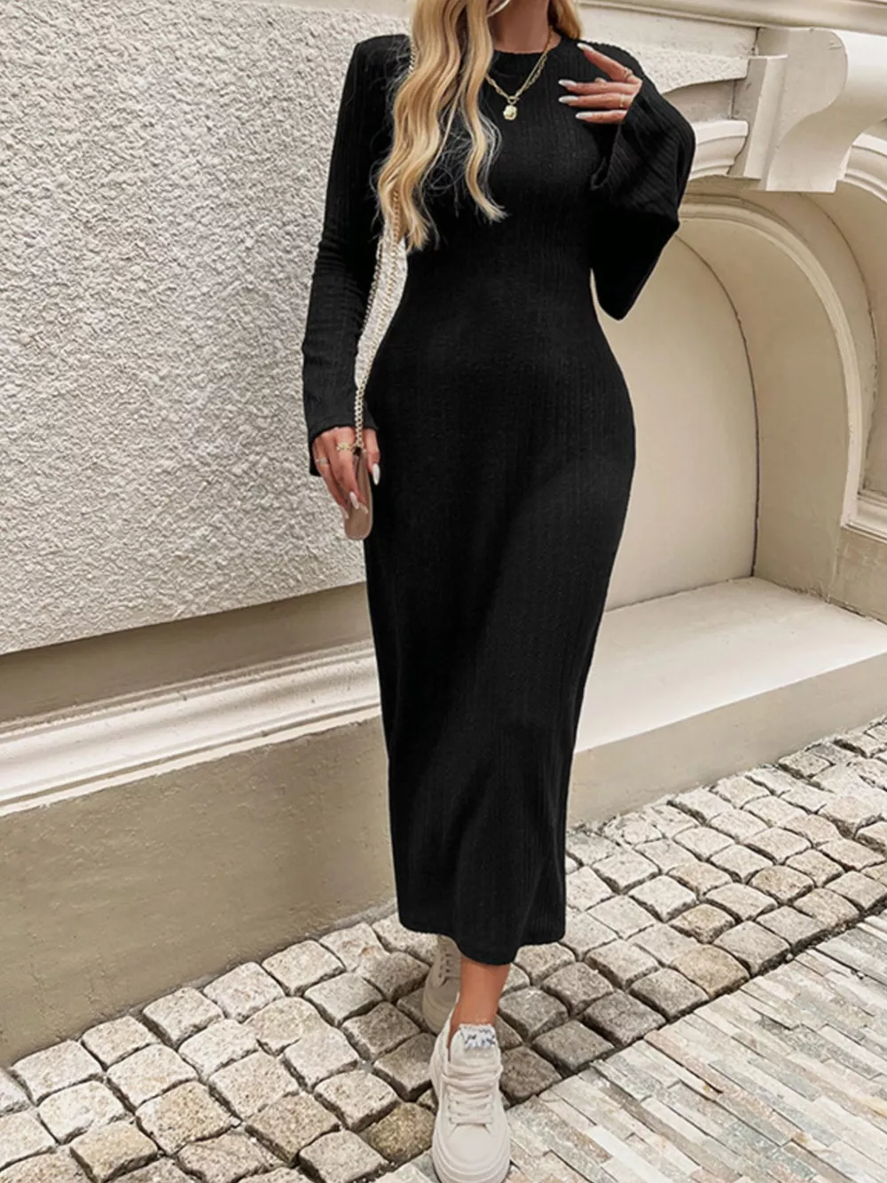 Ribbed Knit Long Sleeve Midi Dress, image 4