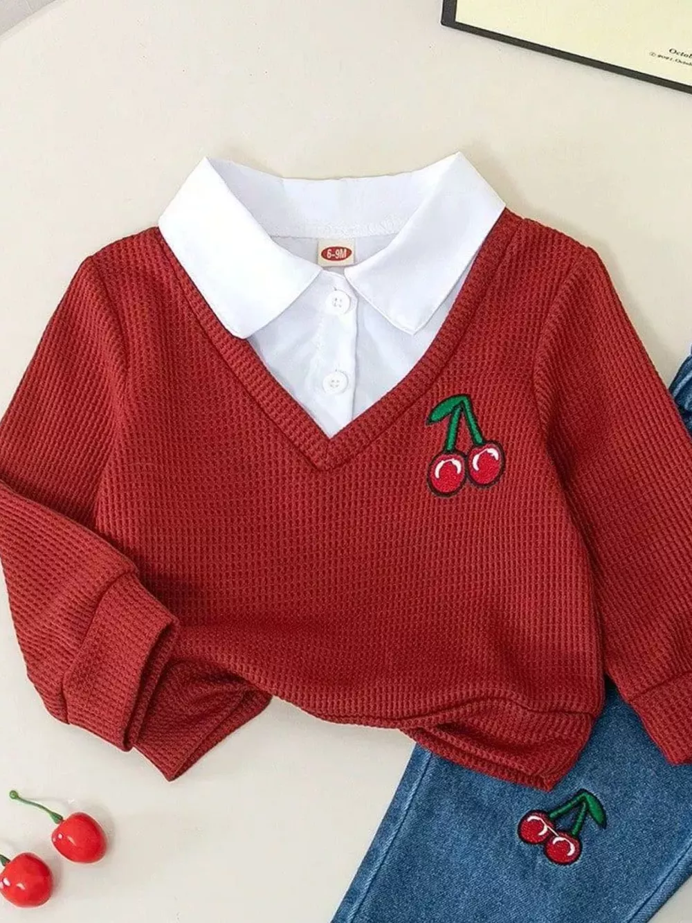 Children's Cherry Embroidered Knit Top and Jeans Set, image 7
