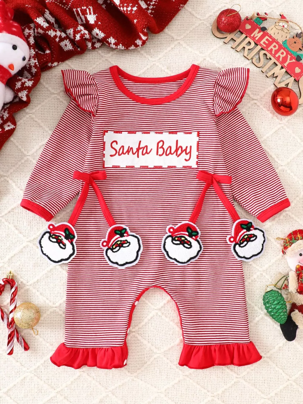 Children's Christmas-Themed Striped Snapped Legs Jumpsuit, image 2