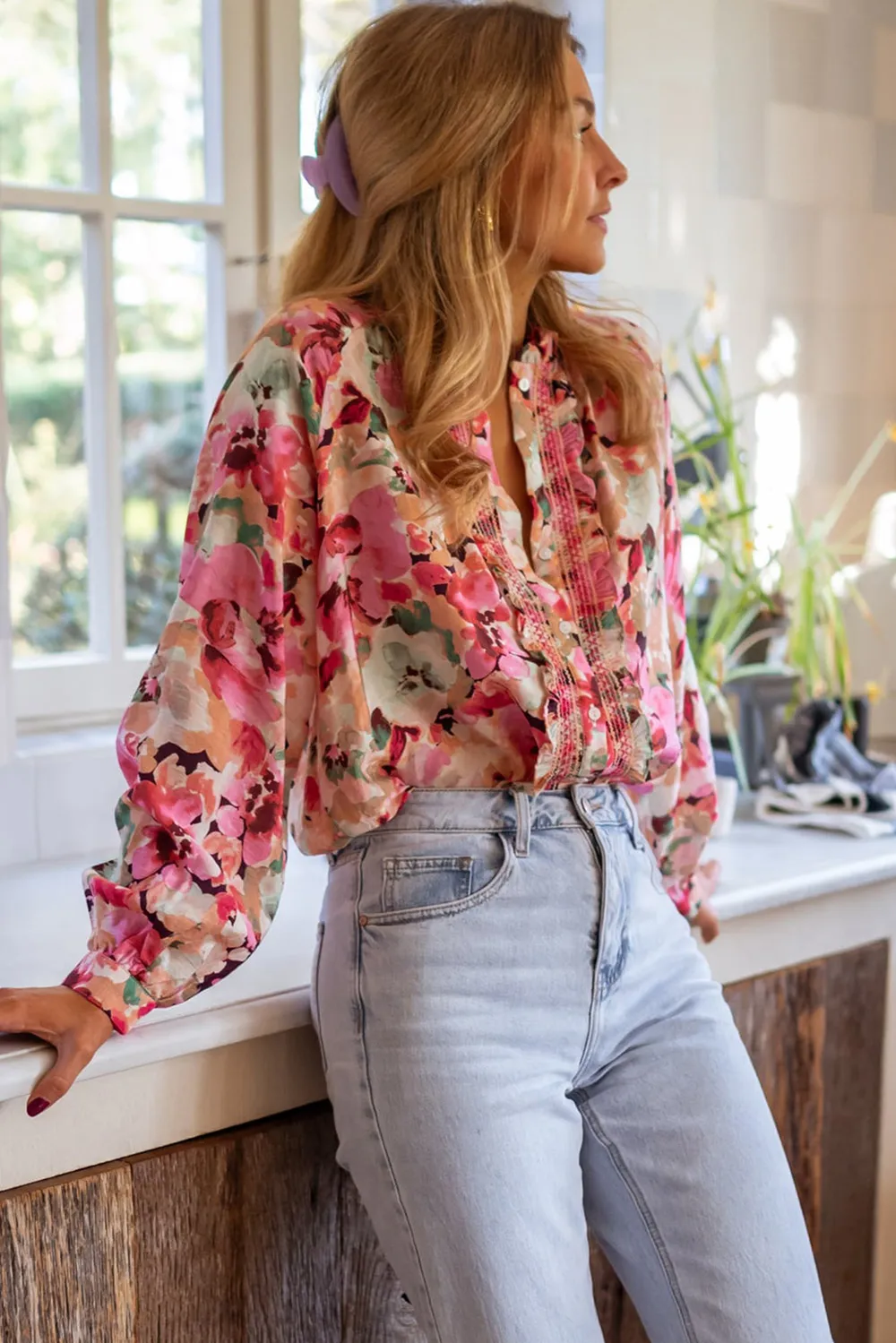 Frill Floral Button Down Long Sleeve Shirt, image 3