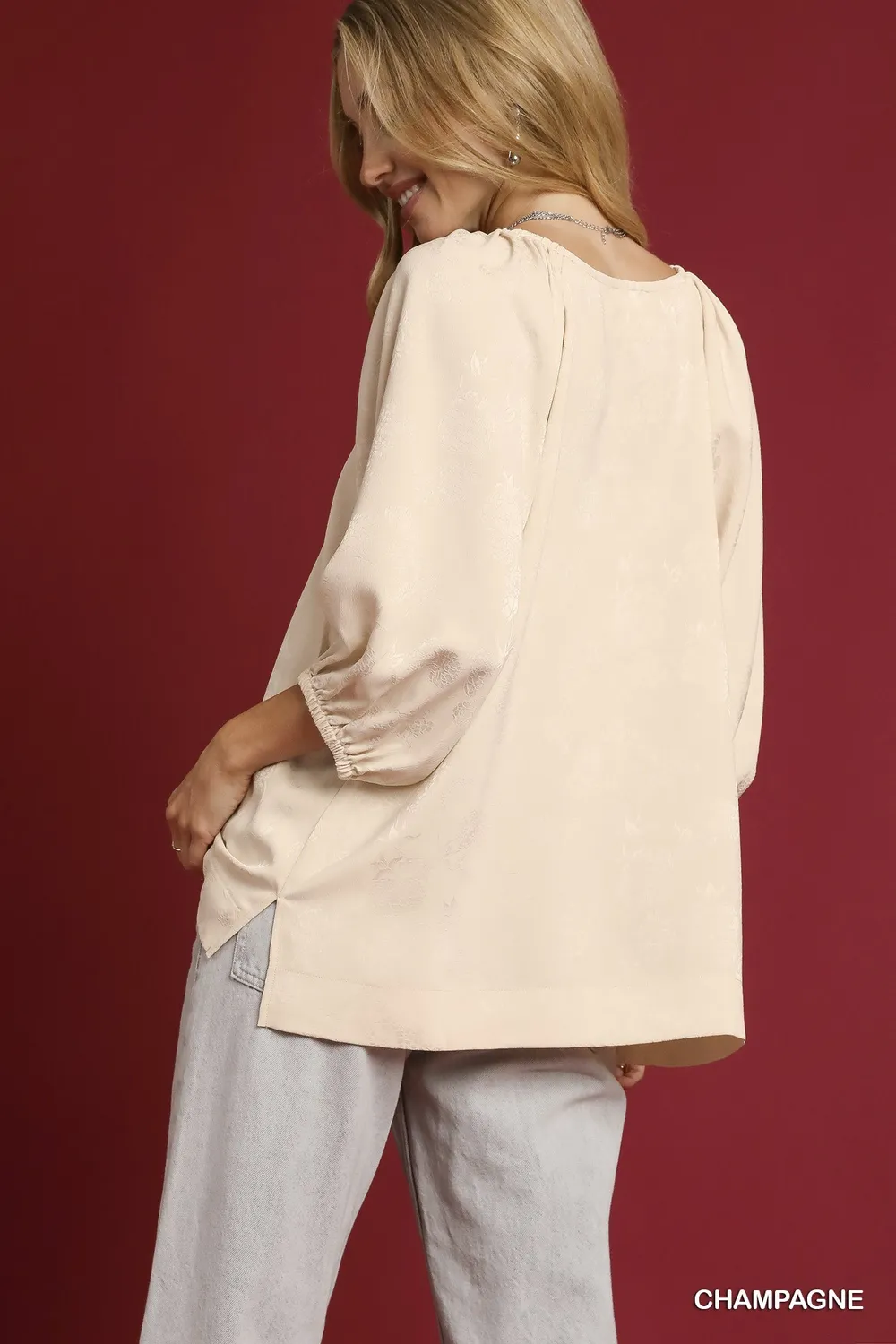Satin Jacquard Balloon Sleeve Blouse, image 2