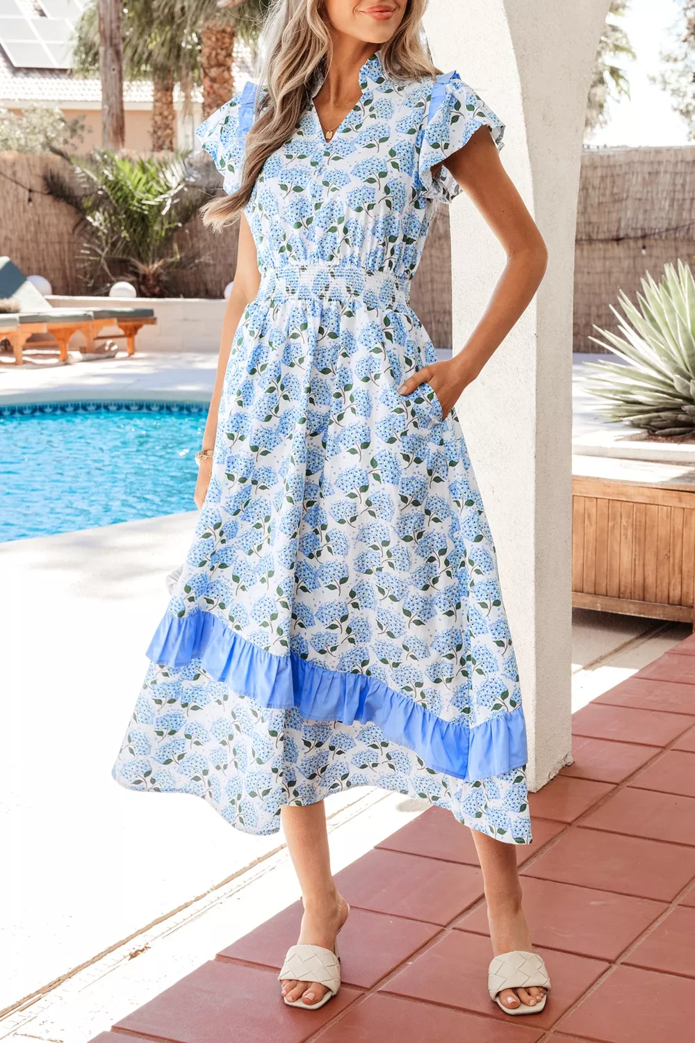 Hydrangea Floral Print Ruffle Trim Flutter Sleeve Dress, image 3