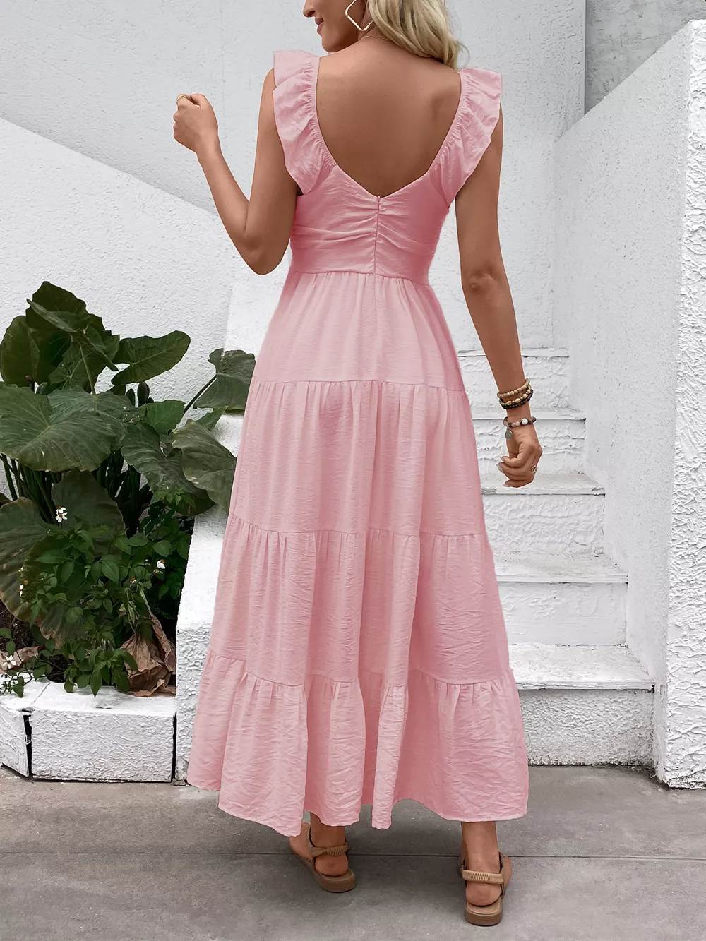 V-Neck Tiered Dress with Flutter Sleeves, image 12