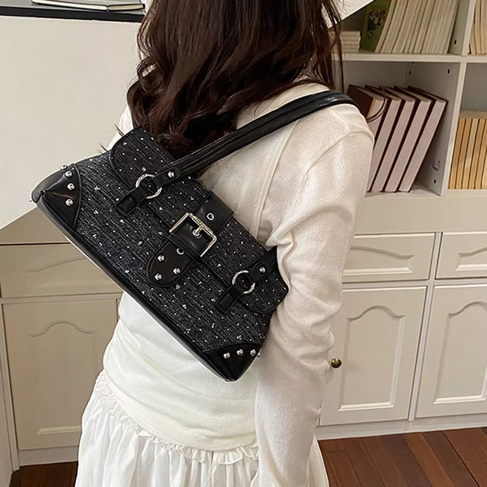 Studded Shoulder Bag with Buckle Detail, image 4