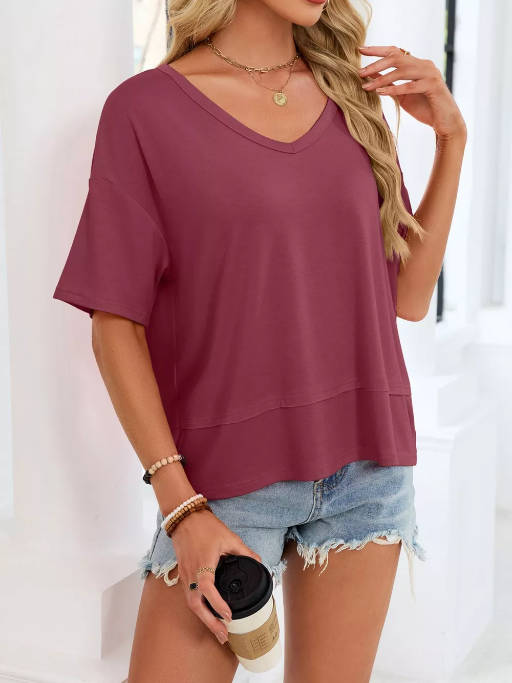 V-Neck Relaxed Fit Solid Color T-Shirt, image 4