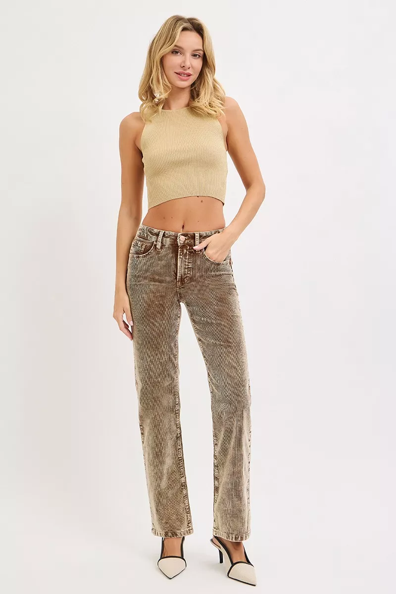 Tummy Control Mid Rise Straight Leg Corduroy Pants, image 3
