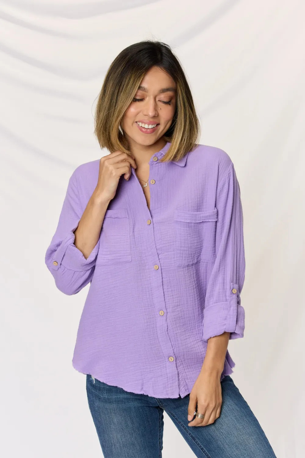 Texture Button Up Raw Hem Long Sleeve Shirt, image 4