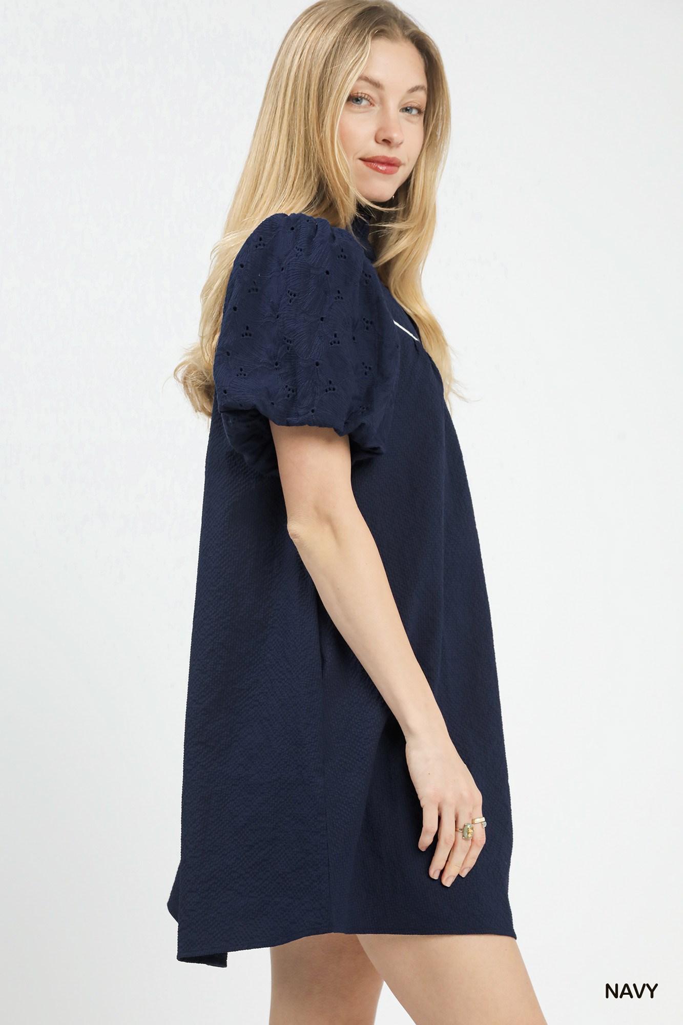 Puff Sleeve Textured Babydoll Dress, image 2