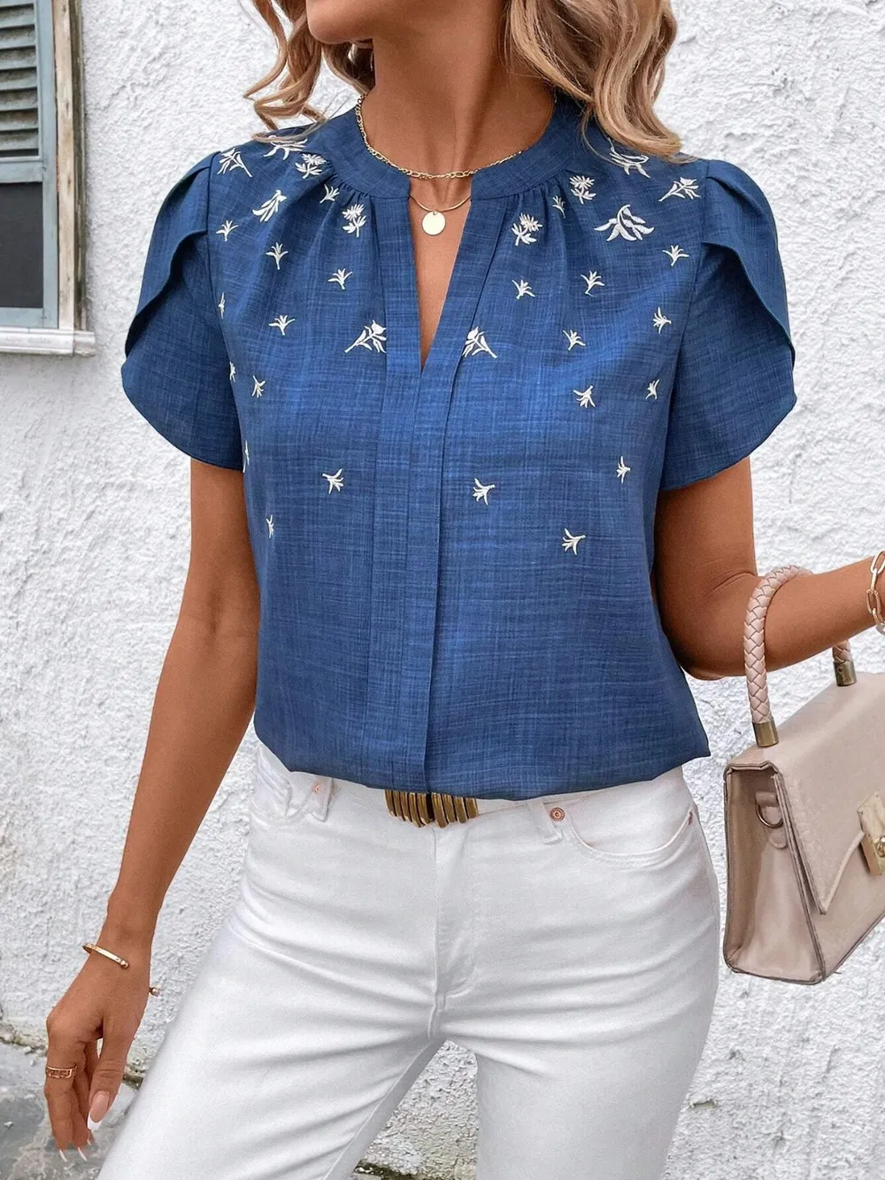 Floral Notched Short Sleeve Blouse, image 5