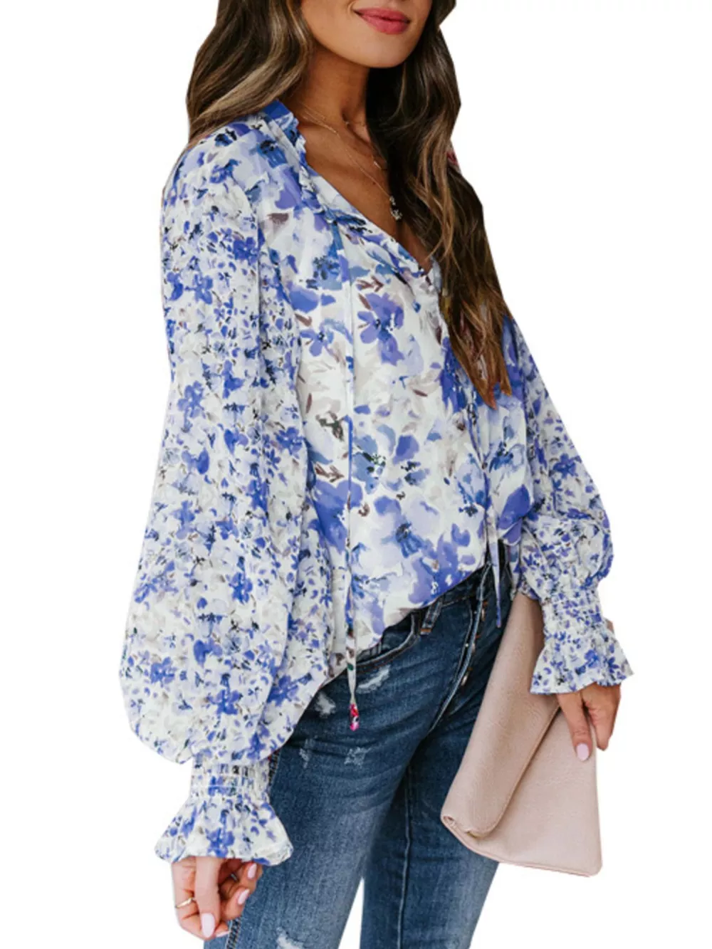 Full Size Floral Print Smocked Cuff Blouse Plus Size, image 8