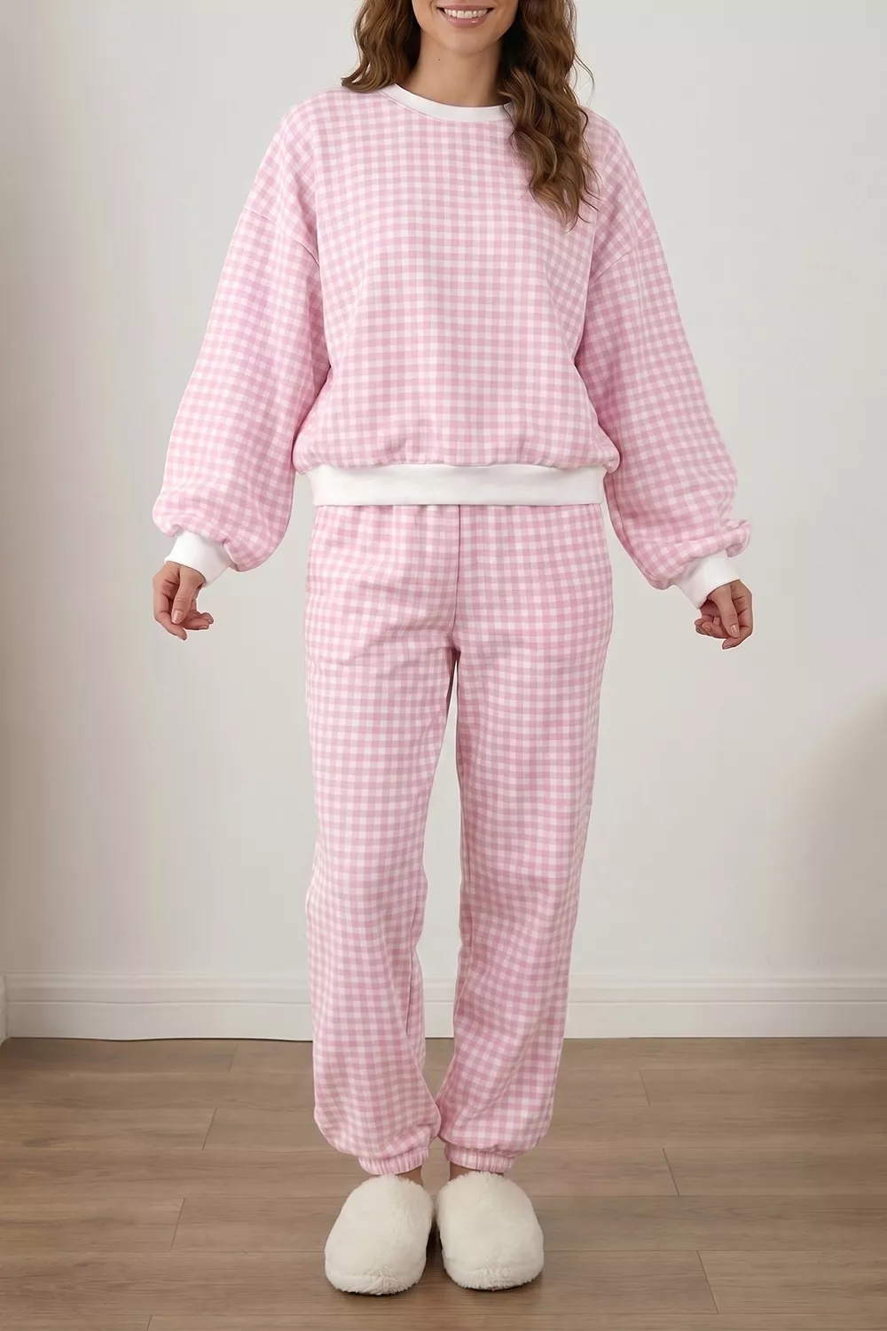 Gingham Round Neck Top and Pants Set, image 3