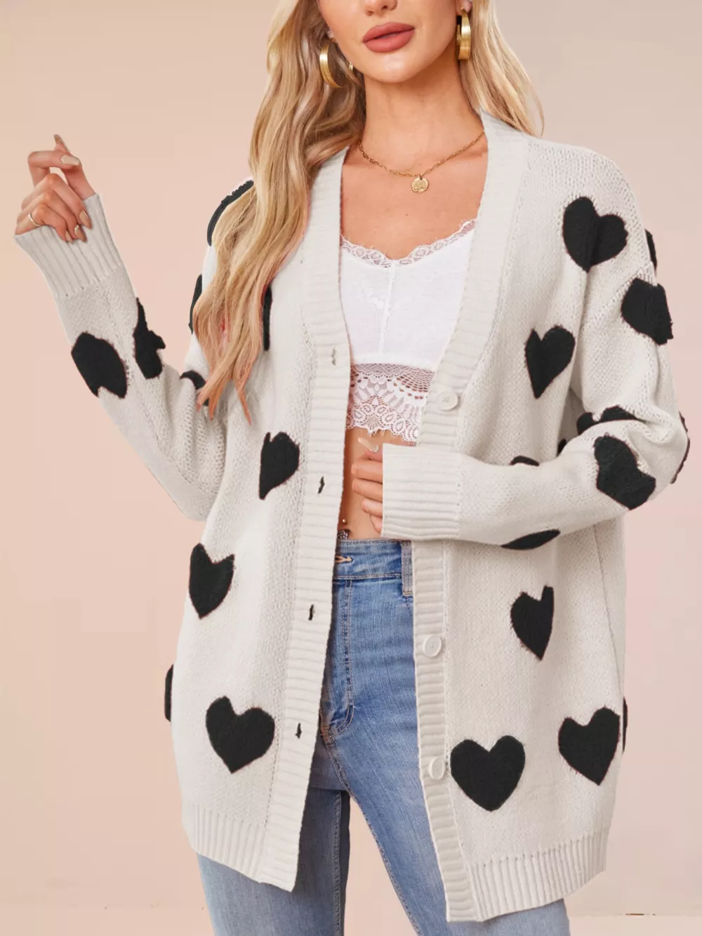Heart Pattern Knit Button-Up Cardigan, image 18