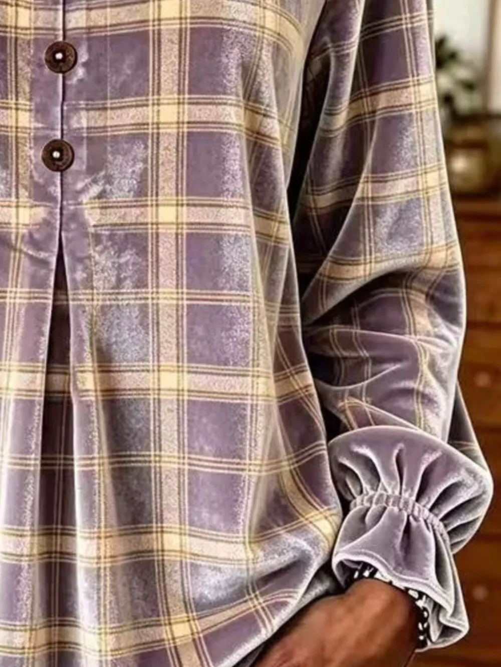 Full Size Plaid Velvet Flounce Sleeve Blouse Plus Size, image 7