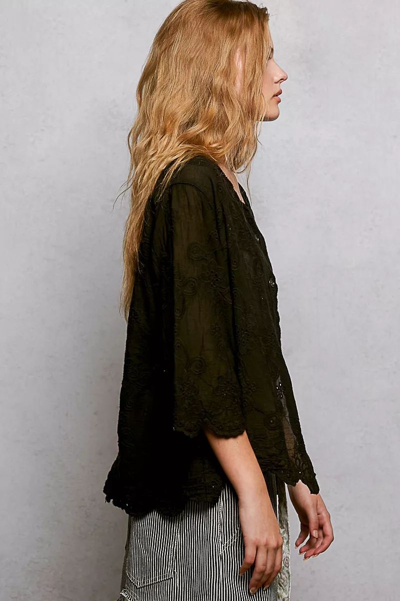 Floral Eyelet V-Neck Salloped Shirt, image 3
