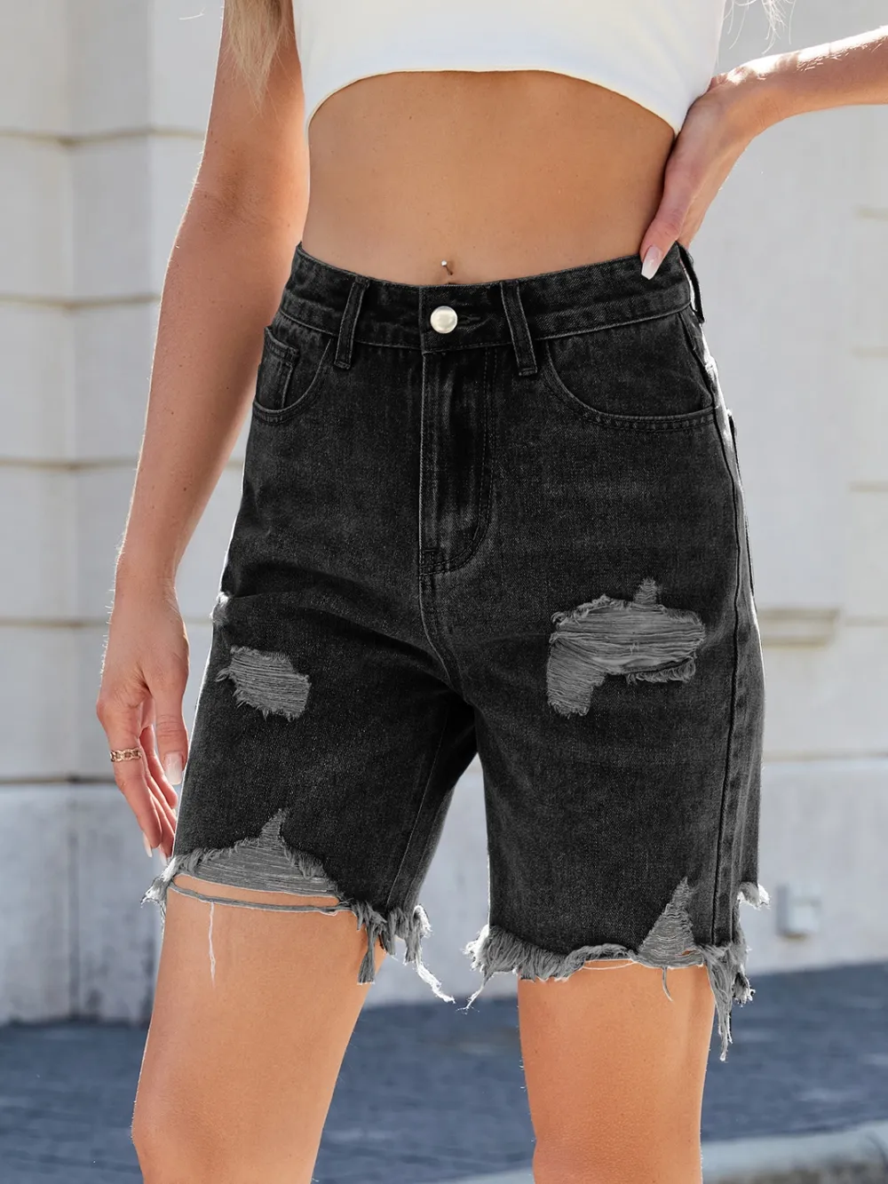 Distressed Raw Hem Denim Shorts, image 3